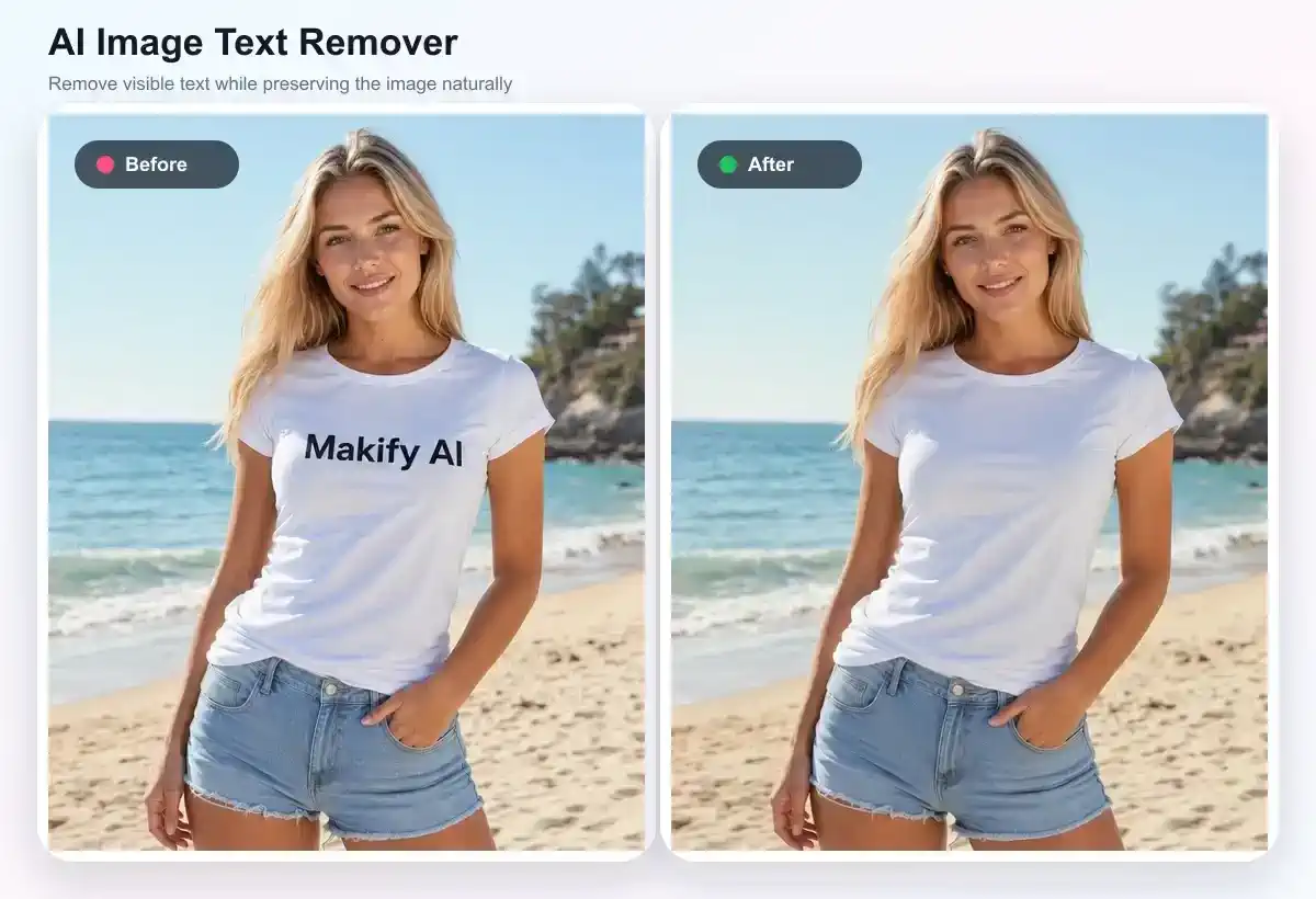Image text remover before and after — photo with text vs clean background after AI removal