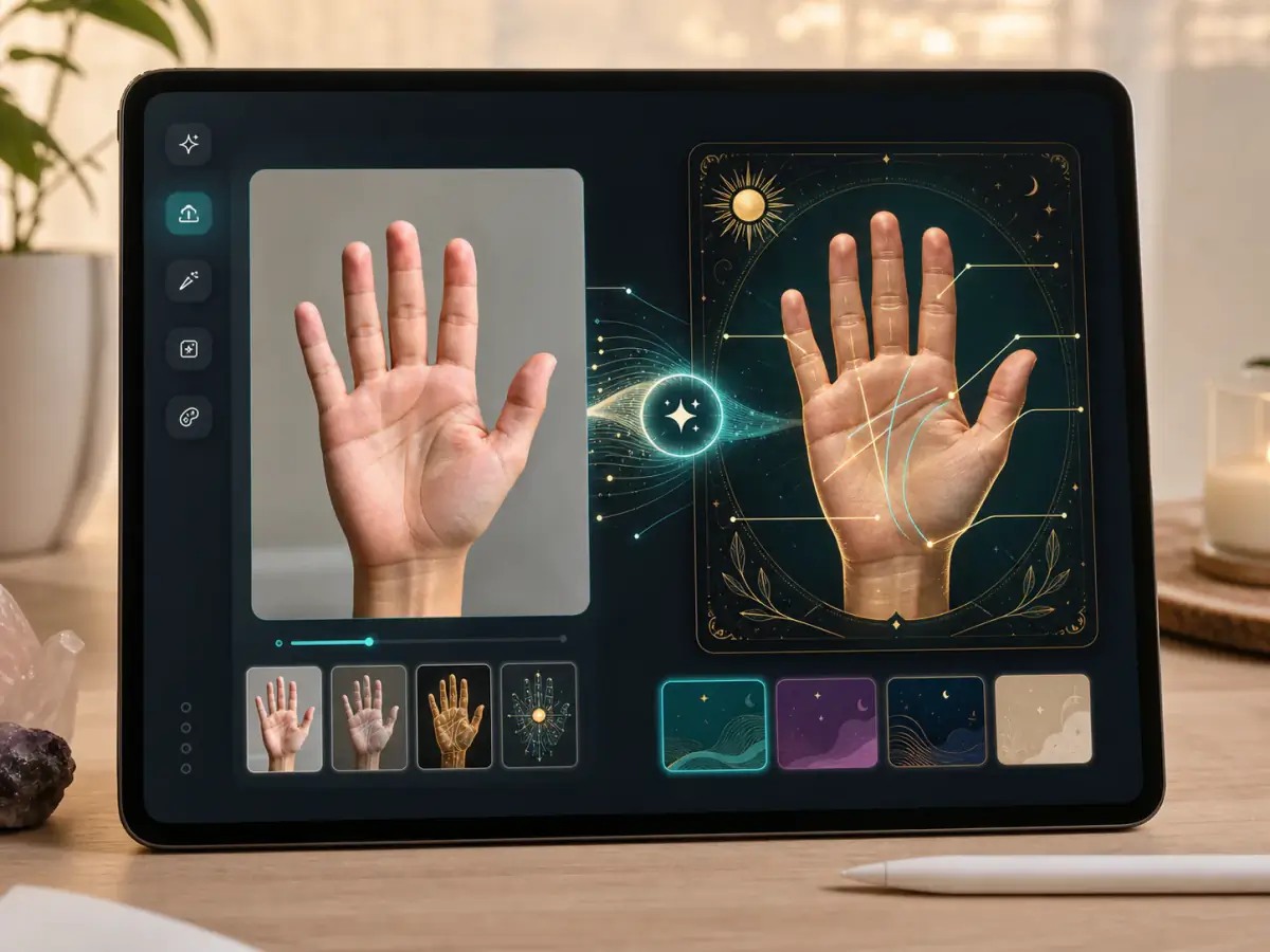AI palm reader interface generating an annotated palm reading poster