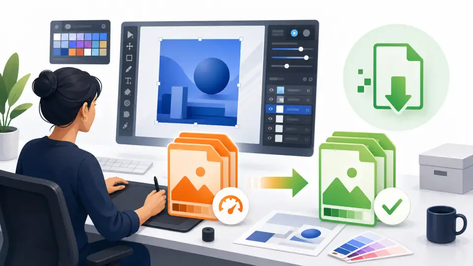 Graphic designer compressing exported image deliverables