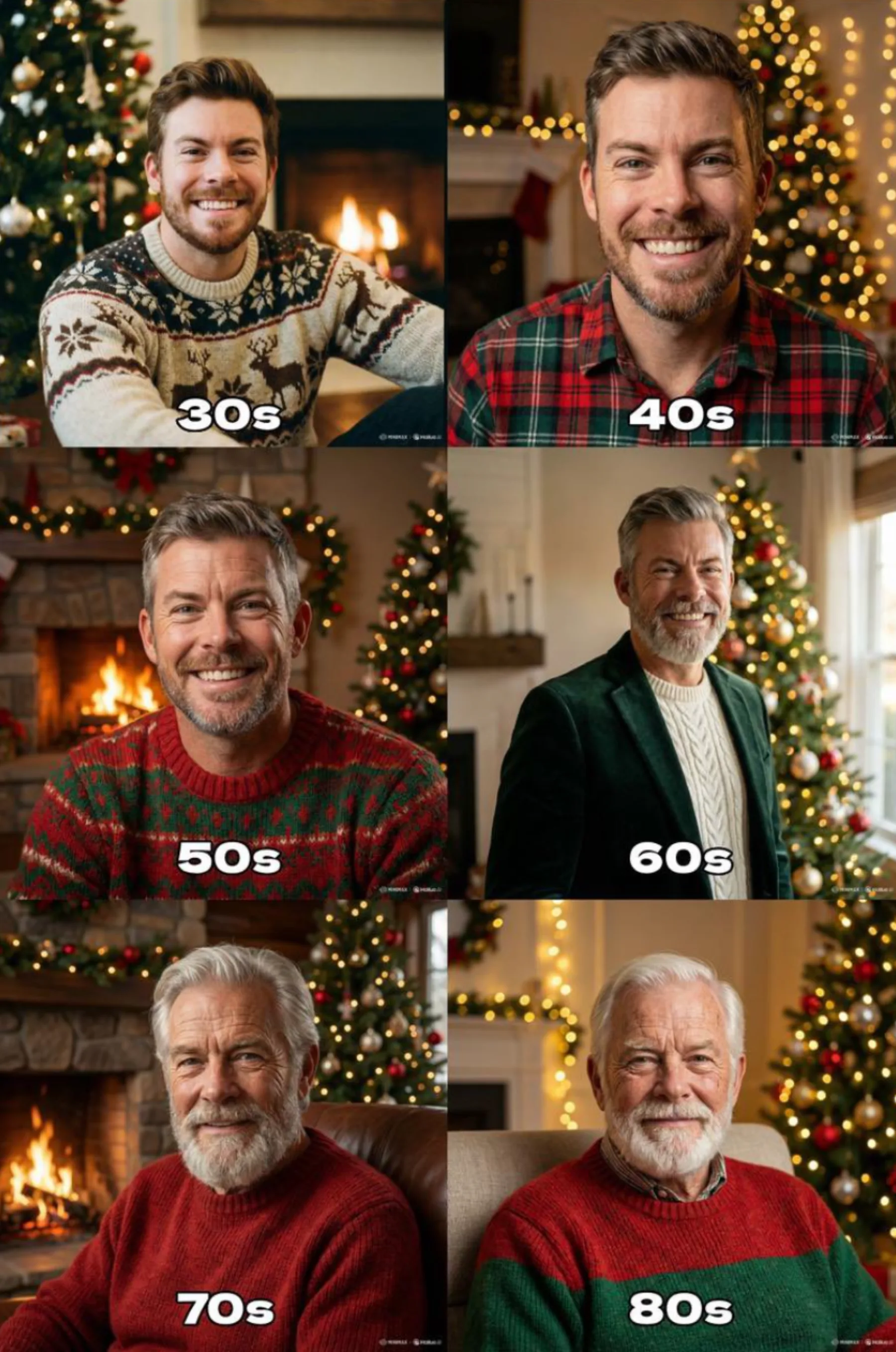 Holiday portrait sequence showing the same person aging through different life stages