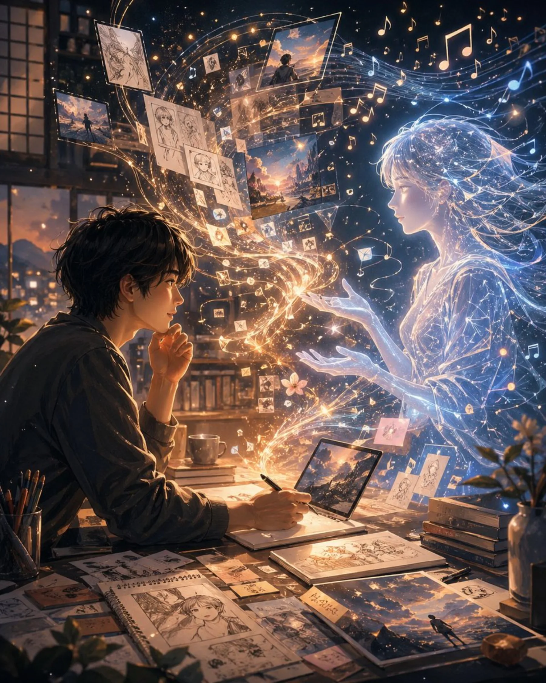 Artist and Ethereal Muse at Night example output