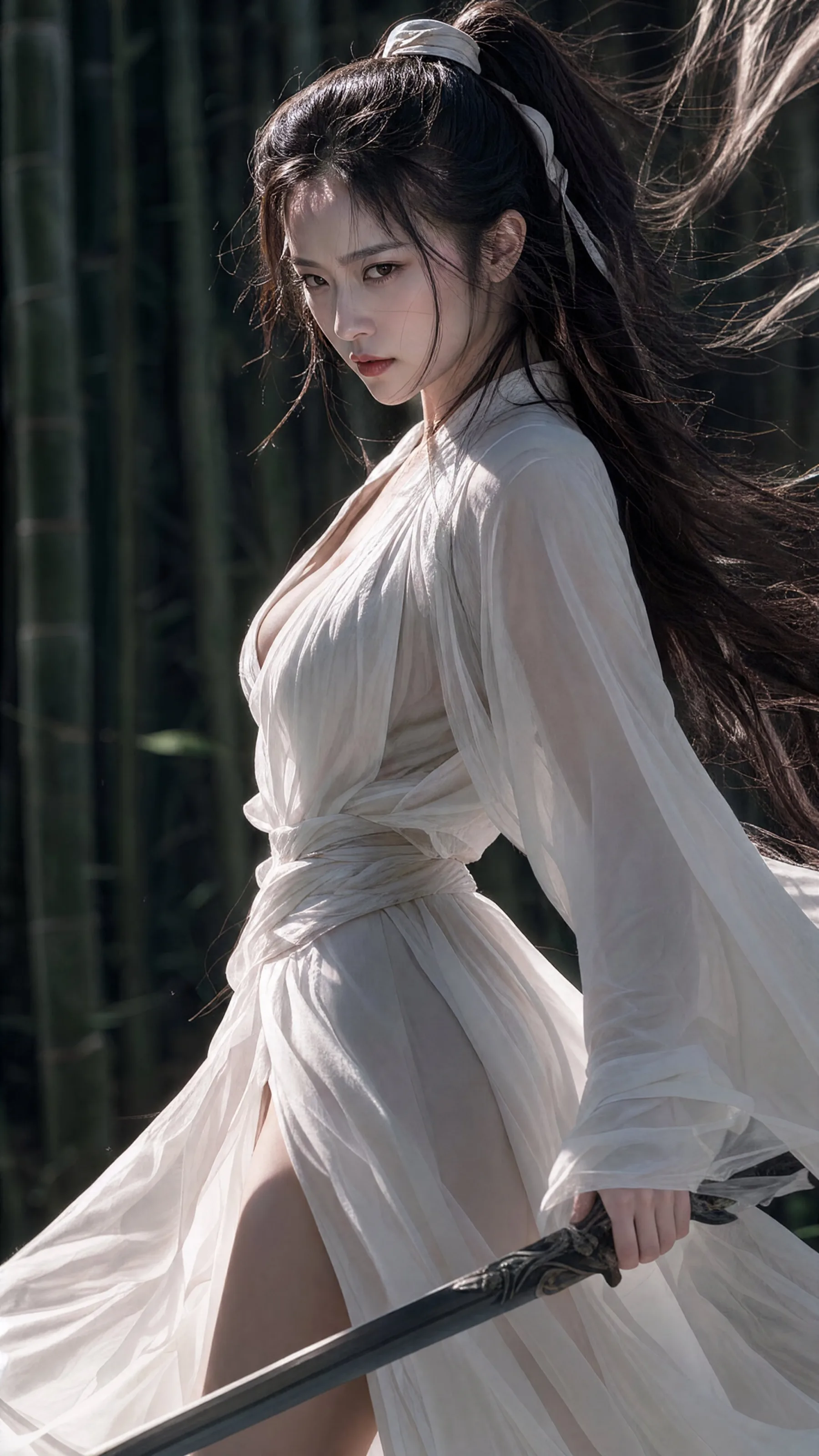 Bamboo Forest Wuxia Swordwoman Portrait generated image example