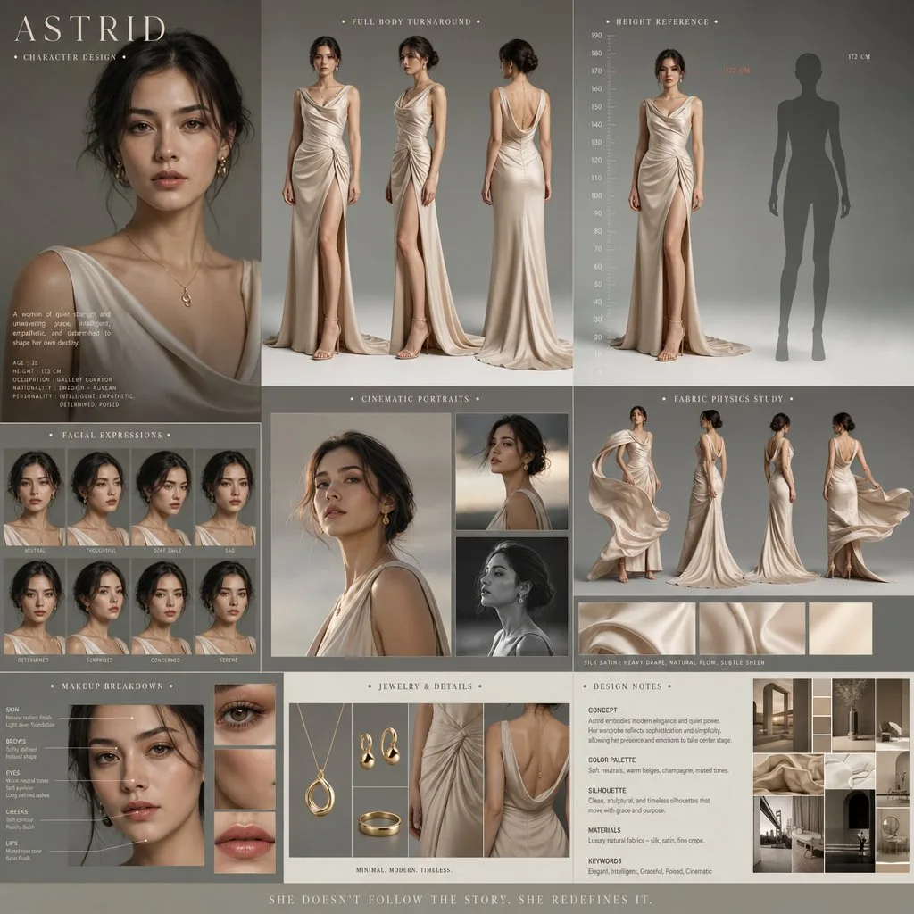 Cinematic Female Character Design Board generated image example