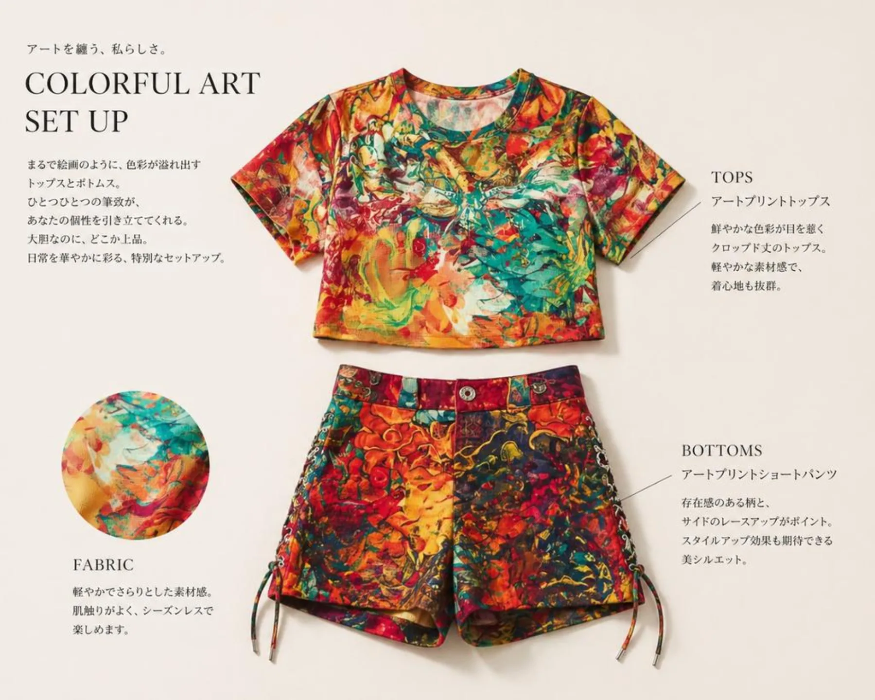 Fashion outfit breakdown page with separated top and shorts on a warm beige editorial background