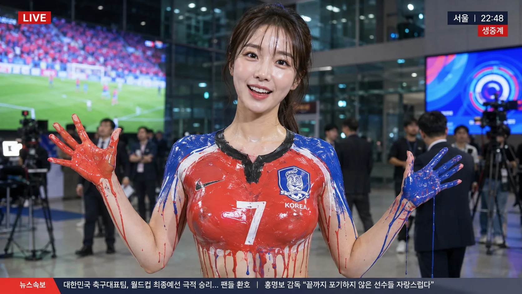 Korean Football Body Paint TV Interview generated image example