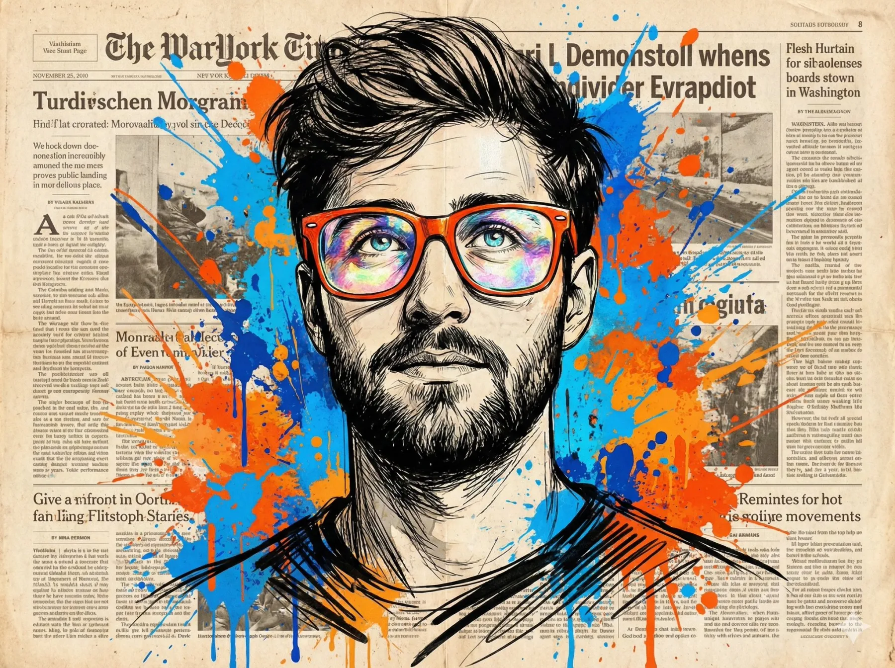 Orange Glasses Newspaper Collage Portrait generated image example