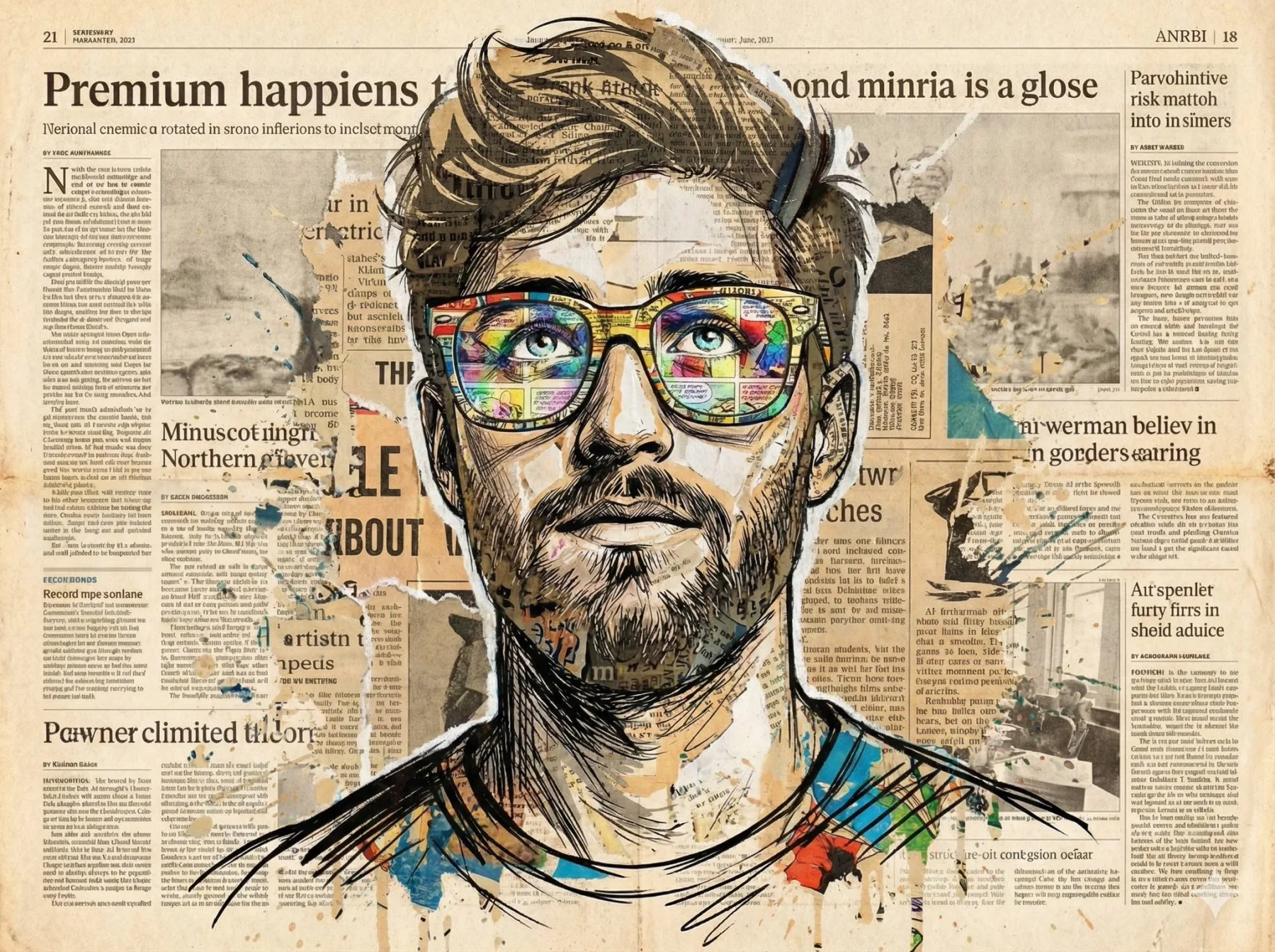 Orange Glasses Newspaper Collage Portrait generated image variant 2