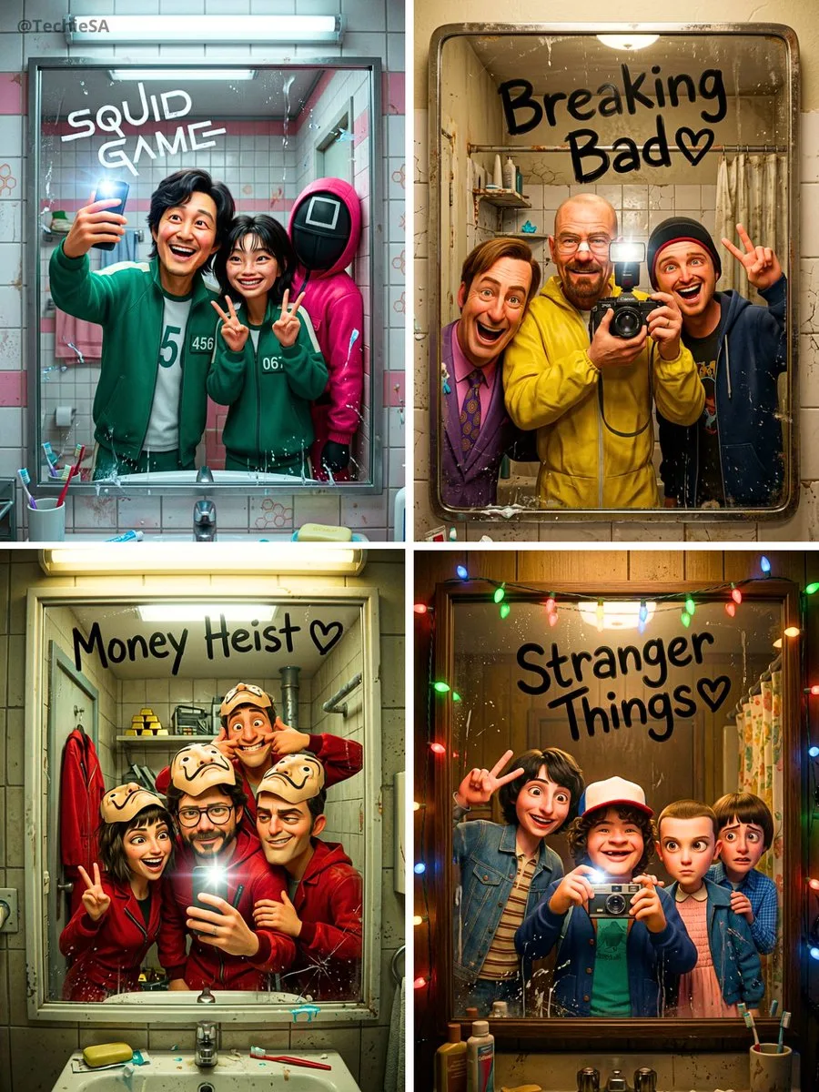 Pixar Style Bathroom Mirror Cast Selfie generated image example