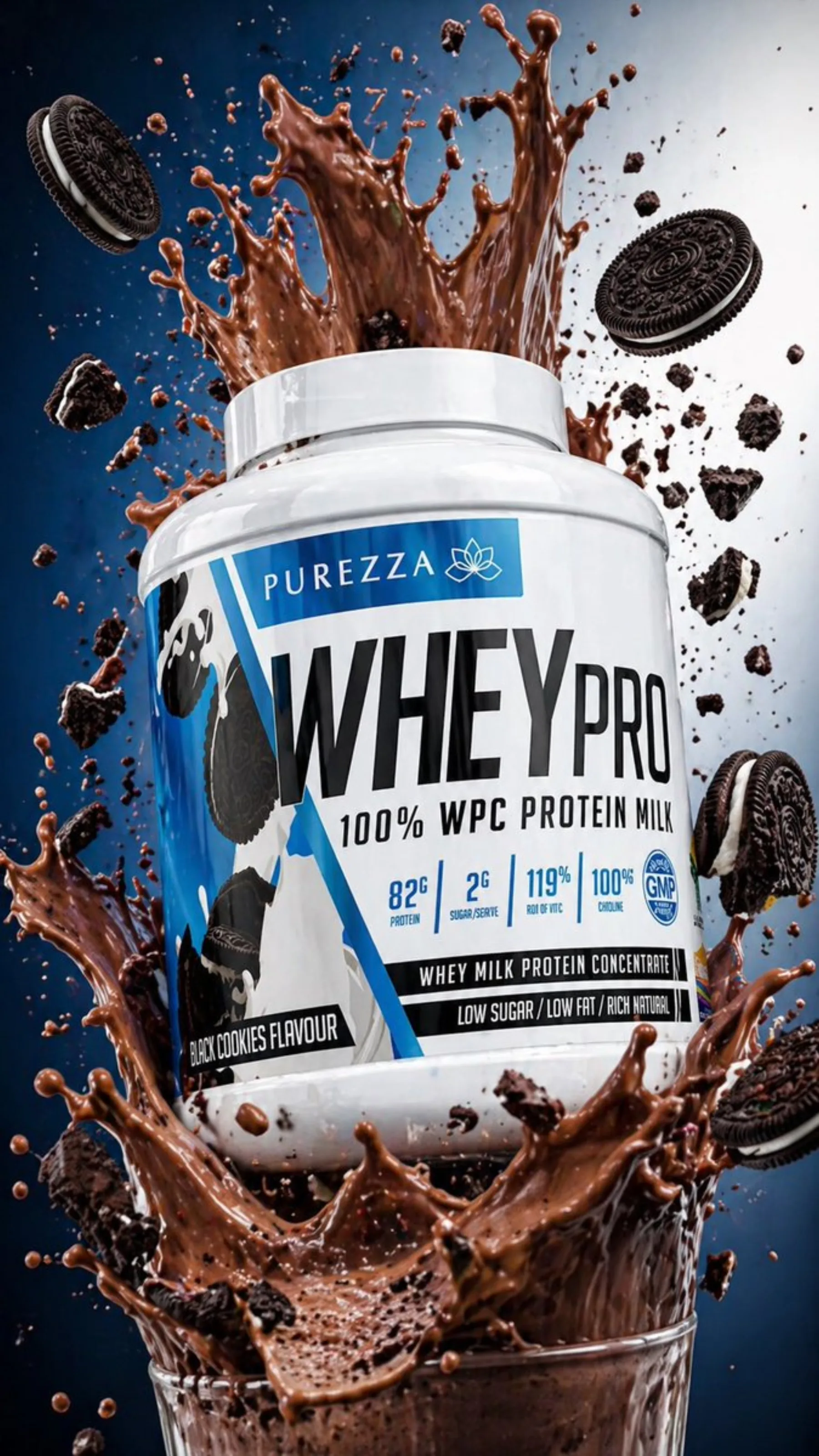 Premium protein powder tub floating above chocolate shake with splash motion and cookies