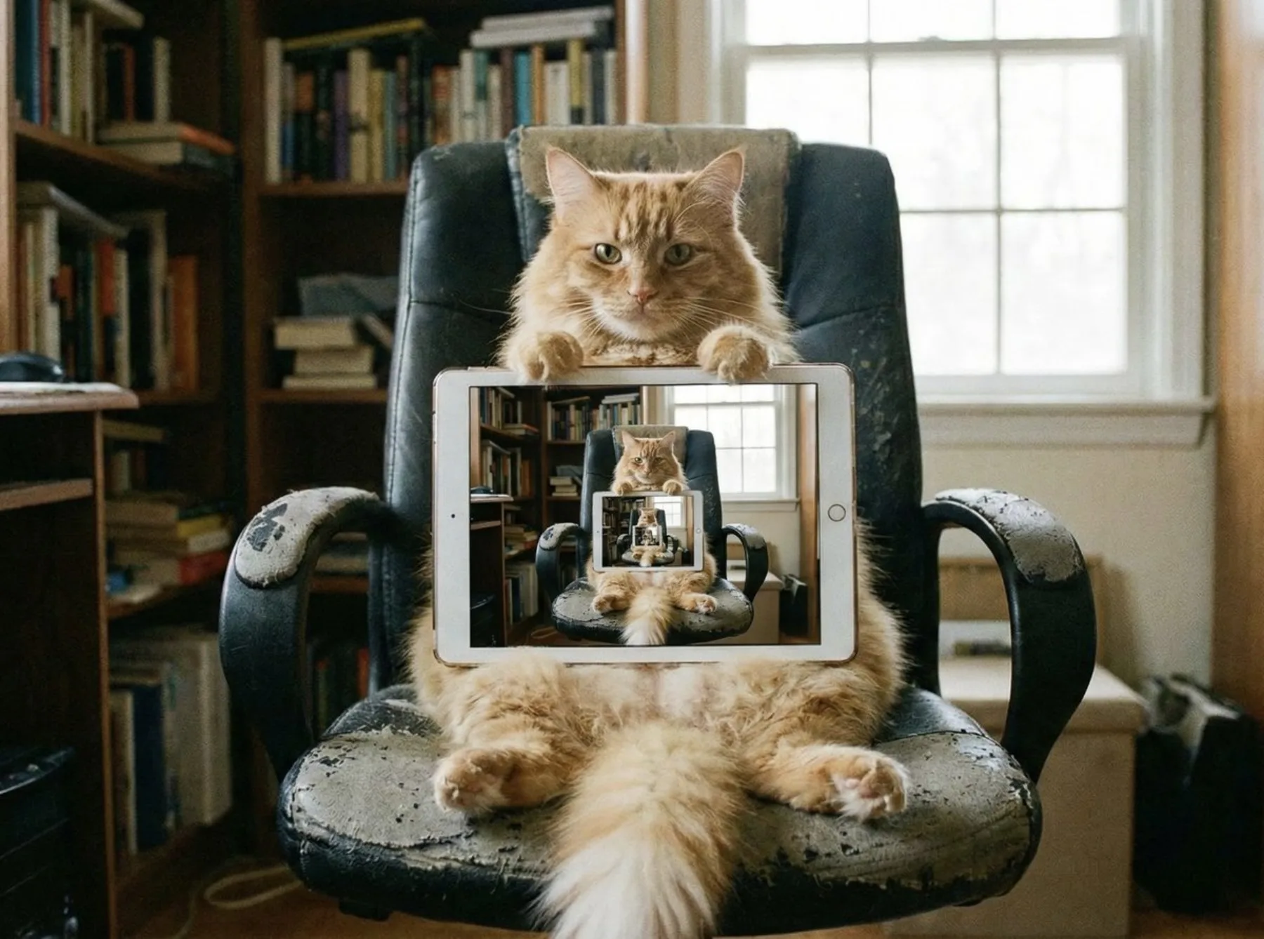 Recursive orange cat holding an iPad that repeats the same scene inside the screen