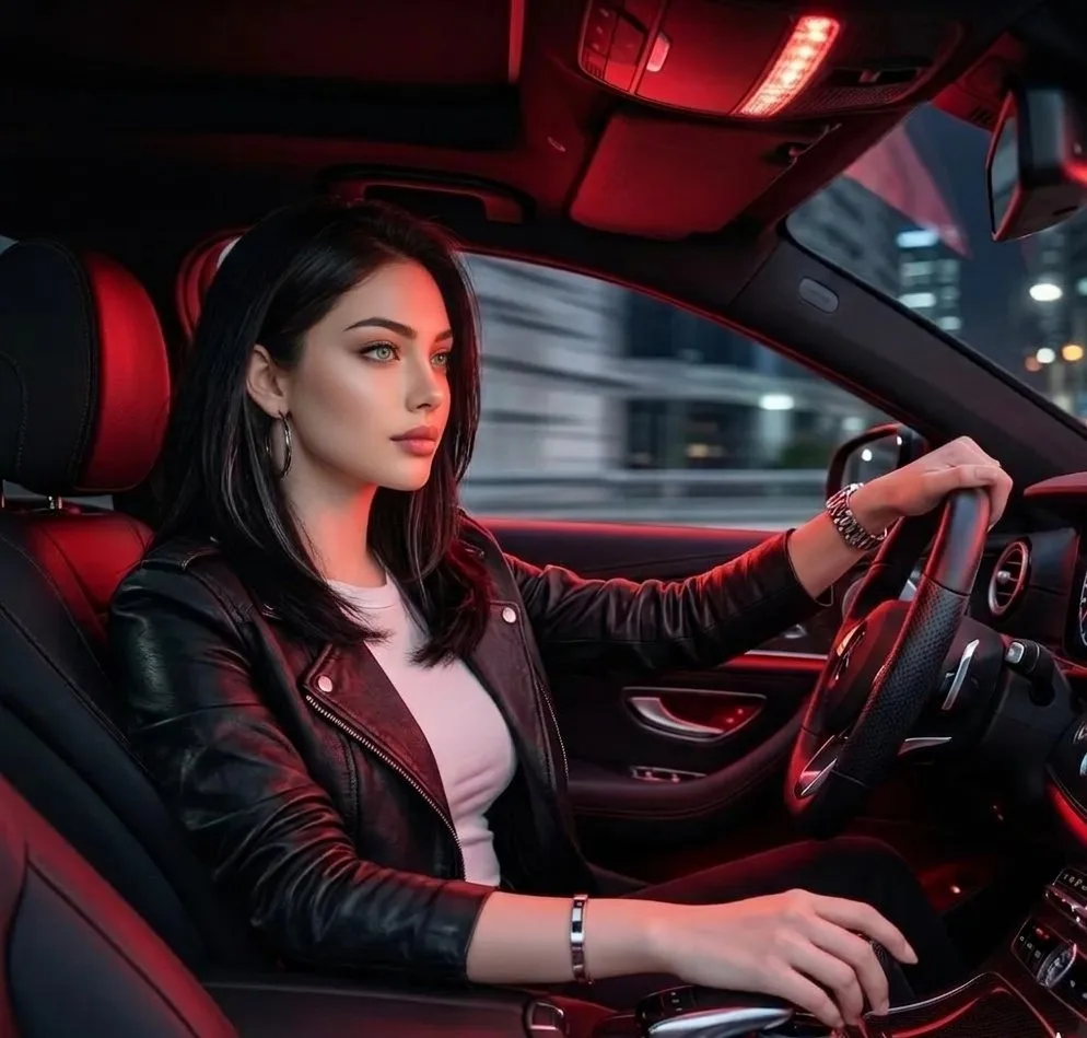 Red Lit Luxury Car Night Portrait generated image example