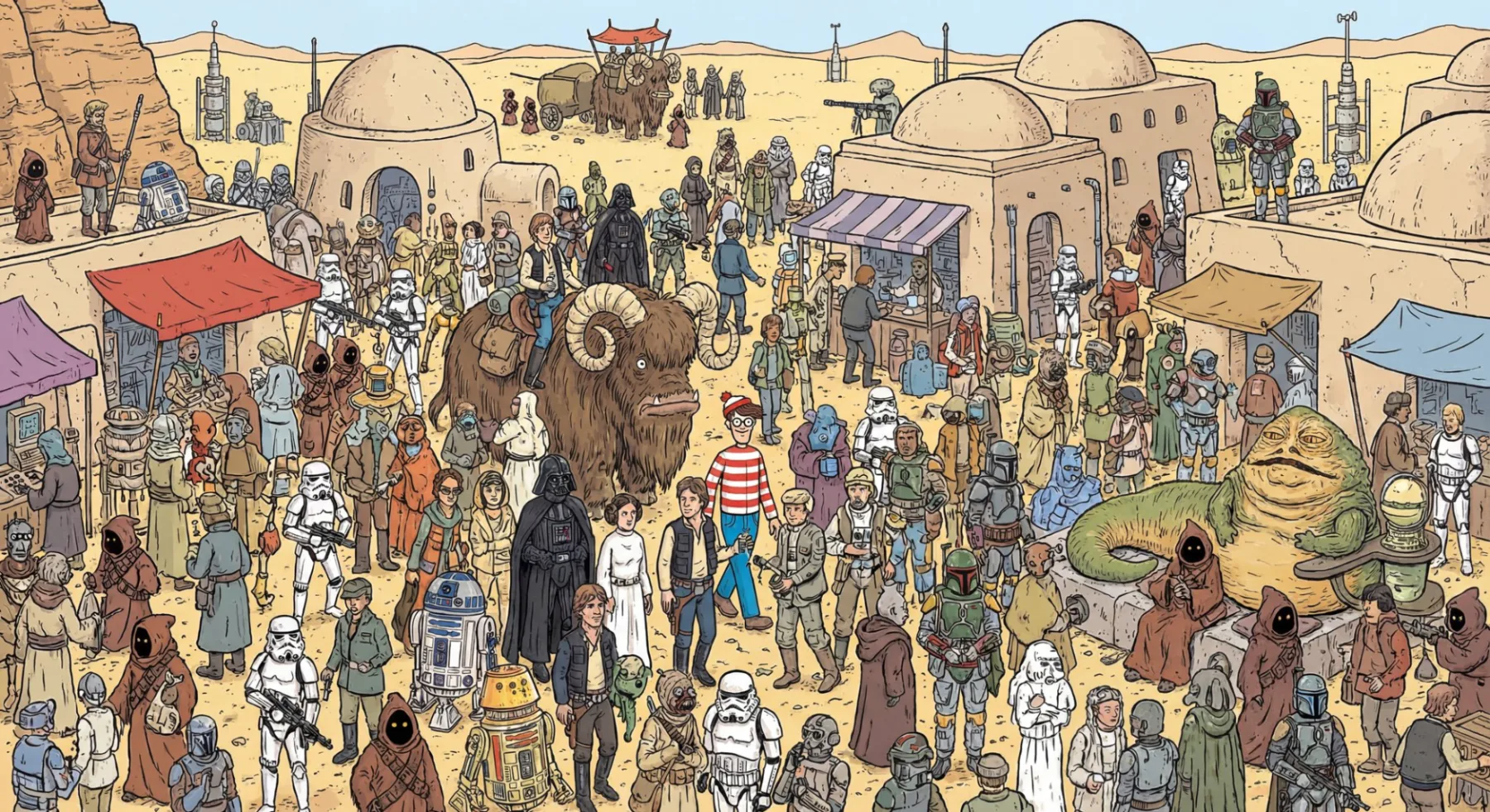 Dense hidden-object crowd scene inspired by Star Wars characters on a desert planet