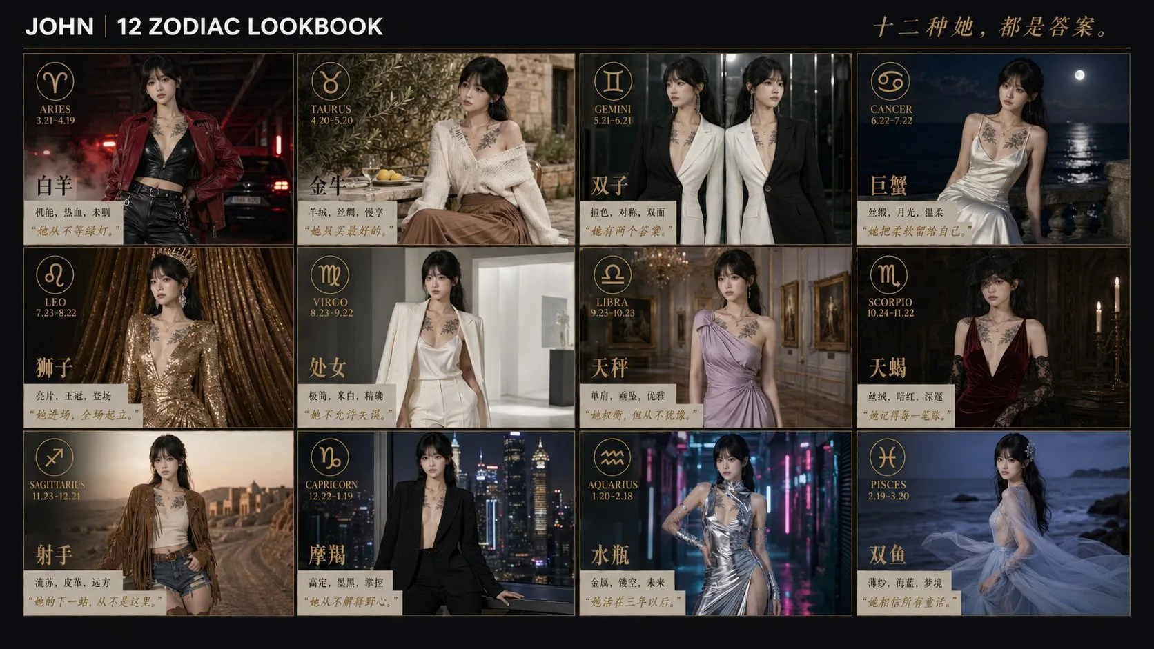 Twelve Zodiac Fashion Lookbook generated image example