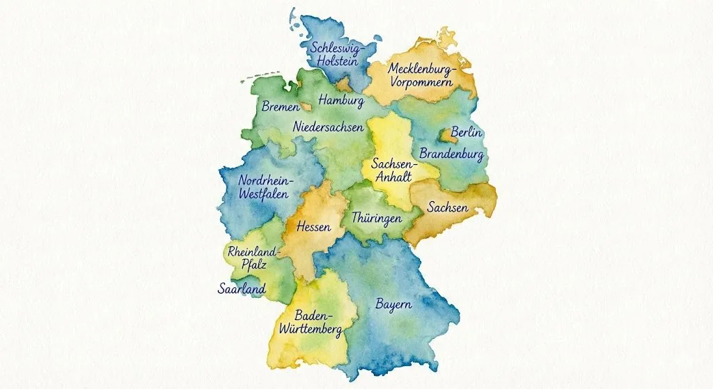 Watercolor map of Germany with labeled states generated image example