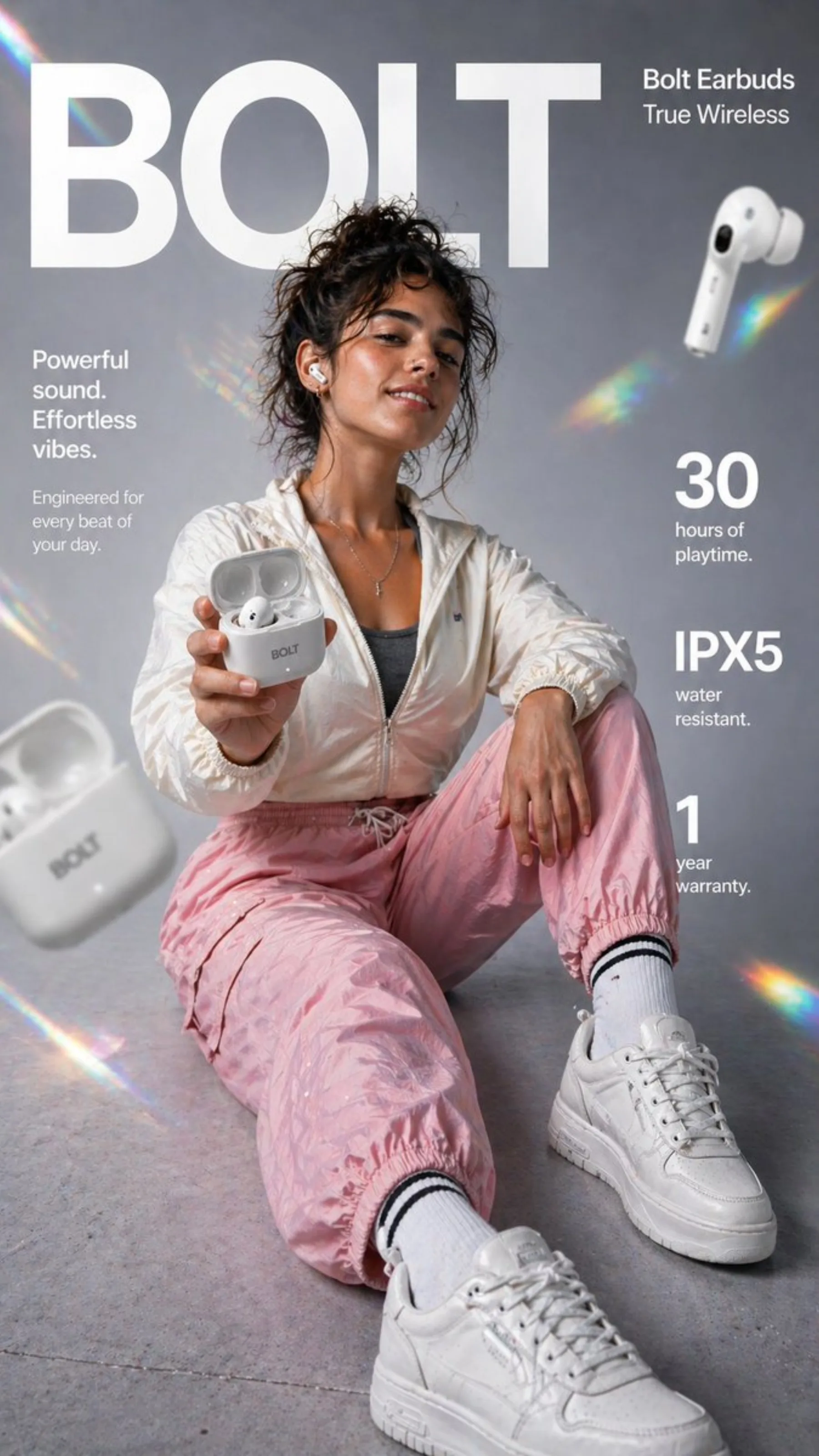 Vertical wireless earbud ecommerce infographic with lifestyle model and product callouts