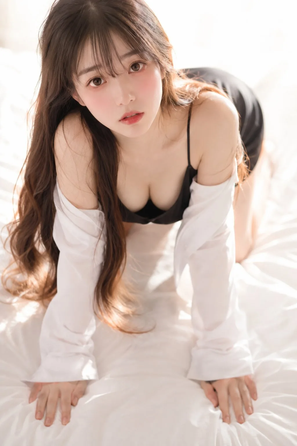 High-Key Bedside Satin Slip Portrait generated image example