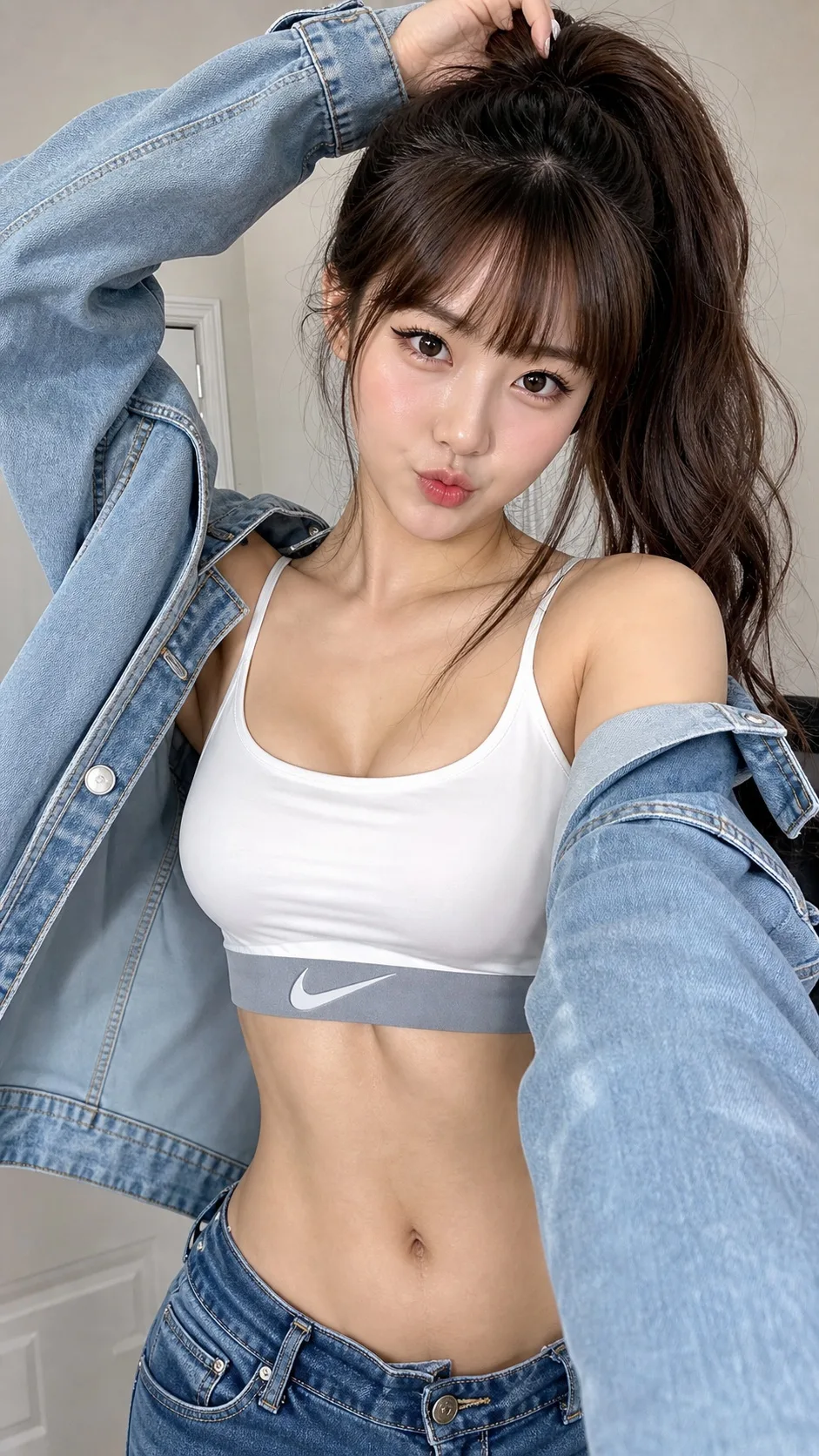 High Ponytail Denim Room Selfie Portrait generated image example
