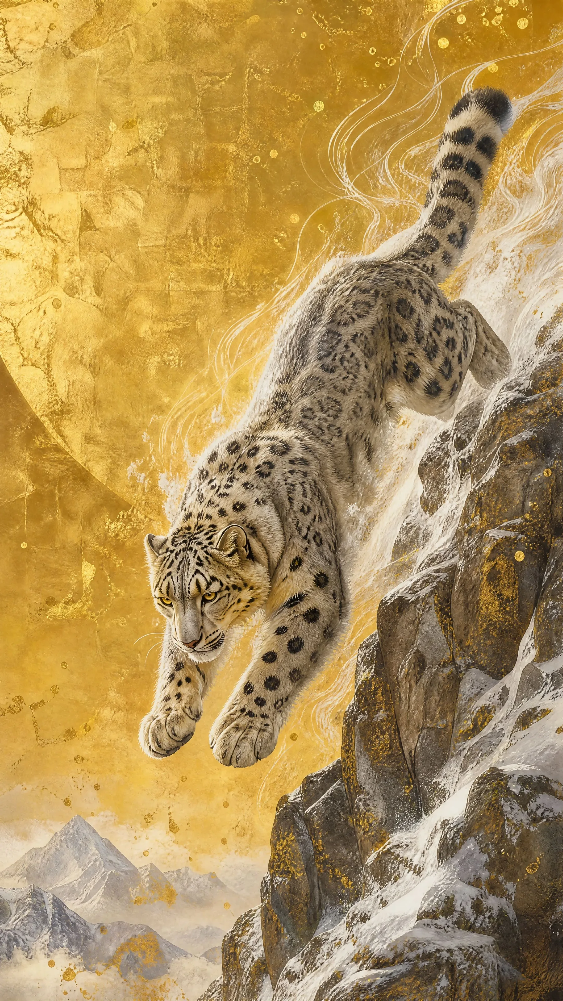 Majestic Snow Leopard Captured Dynamic Mid Air Leap Descending generated image example