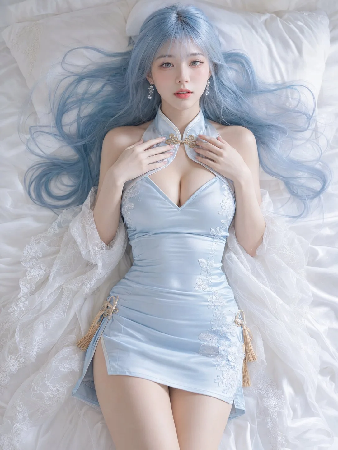 Overhead Ice Blue Qipao Bedroom Portrait generated image example