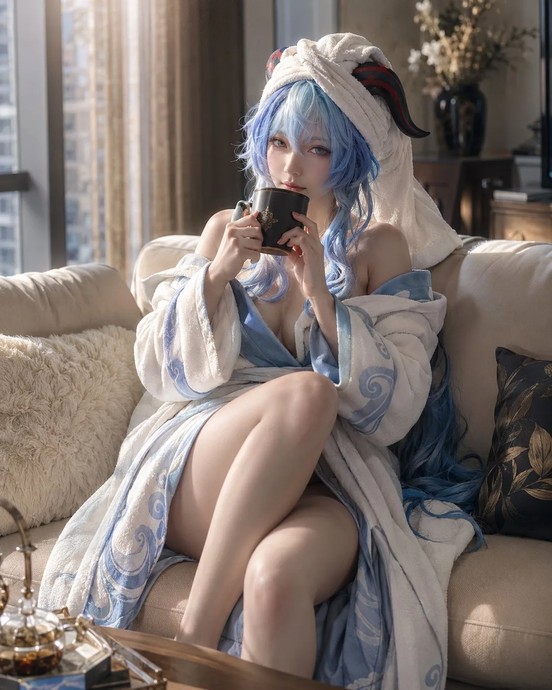 Sunday morning couch character lifestyle portrait generated image example