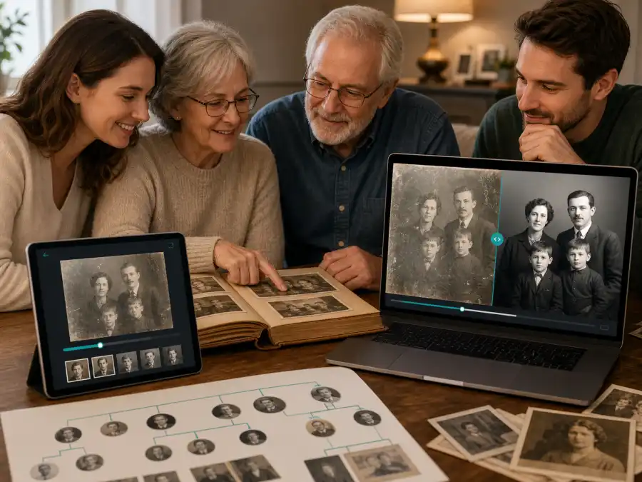 Family using AI photo restoration on old family album photos
