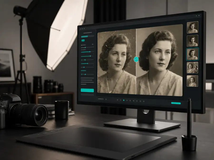 Professional photographer restoring old client photos with AI