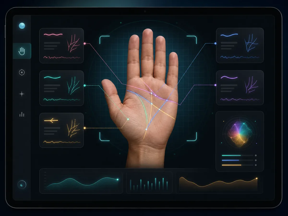 AI palm analysis interface with annotated palm lines