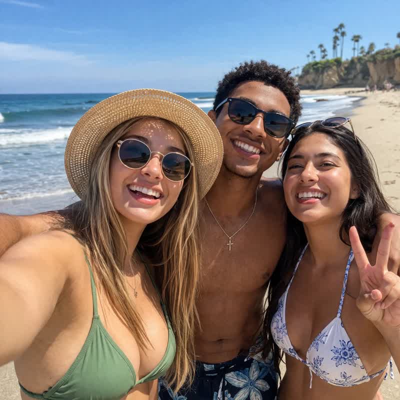 GPT Image generated realistic beauty selfie photo of a woman on a sunny beach