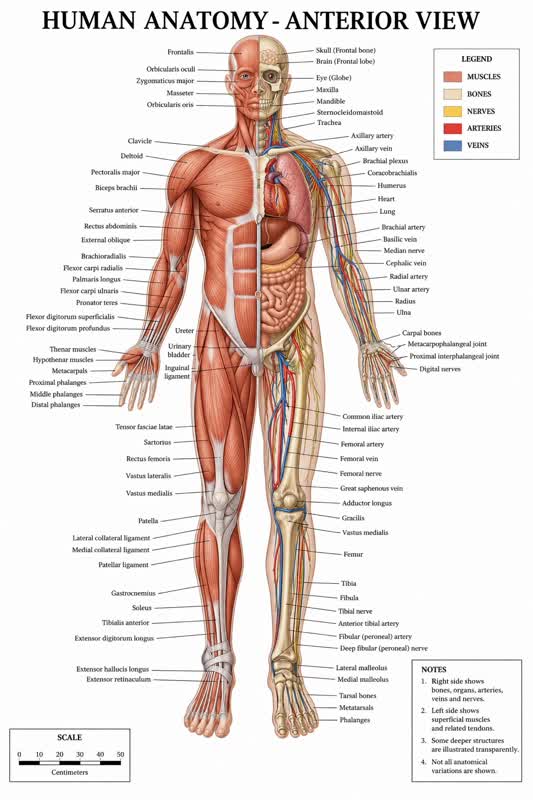 GPT Image generated detailed human anatomy anterior view diagram